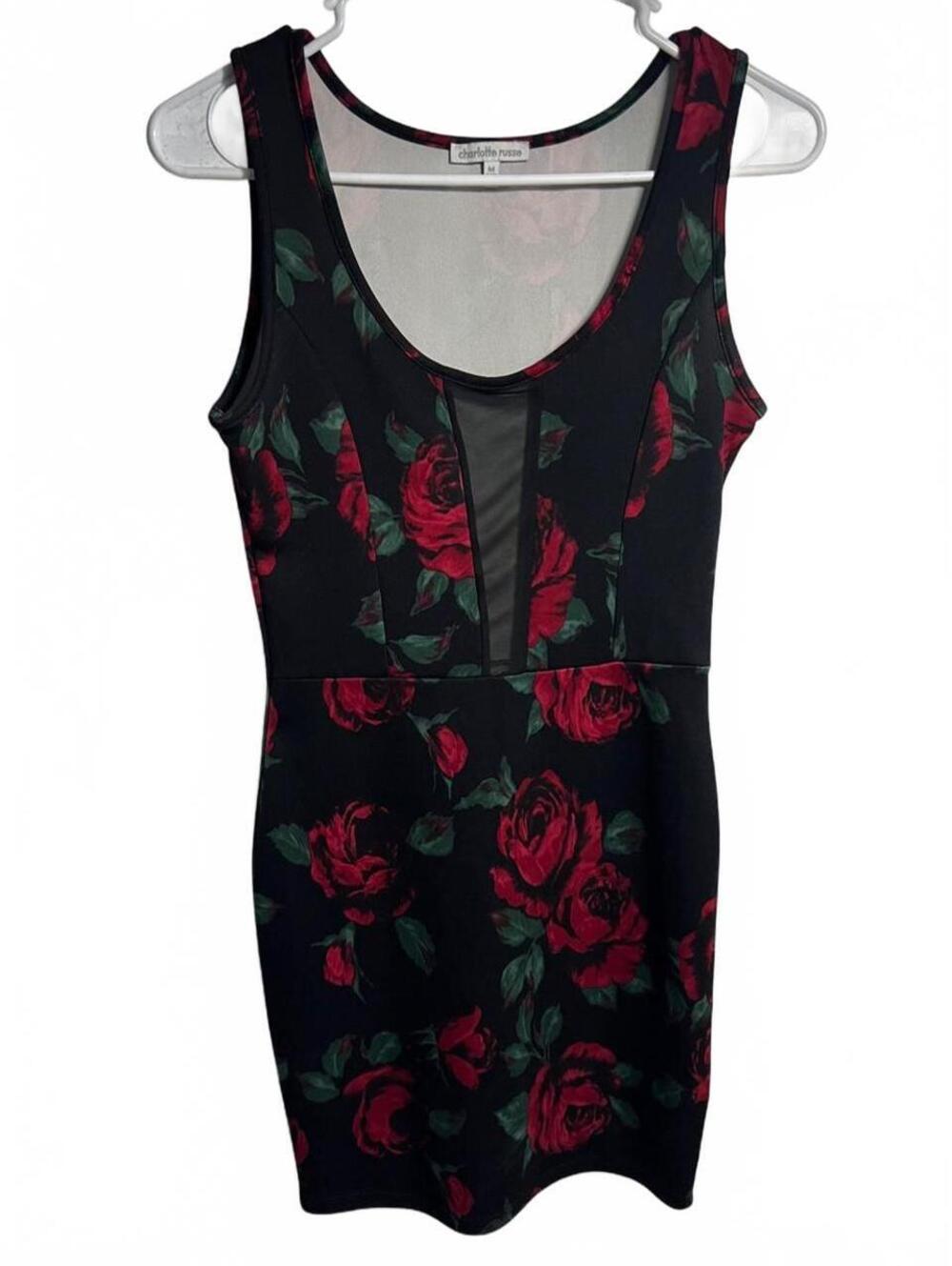 Y2K Charlotte Russe Dress Womens Medium Black Red Rose Mesh Made in USA